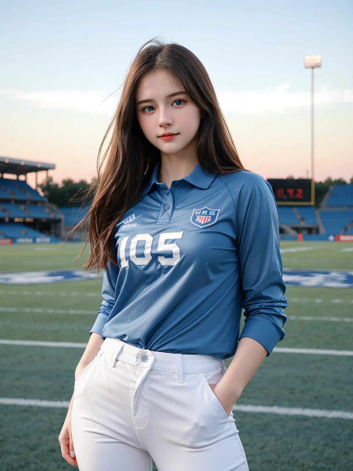 pretty girl, beautiful, , 20 years old, White skin, Sexy pose, Women's pants, blue eyes, Bokeh, Football field background, masterpiece, full-body shot, Business Suite, Red long shirt