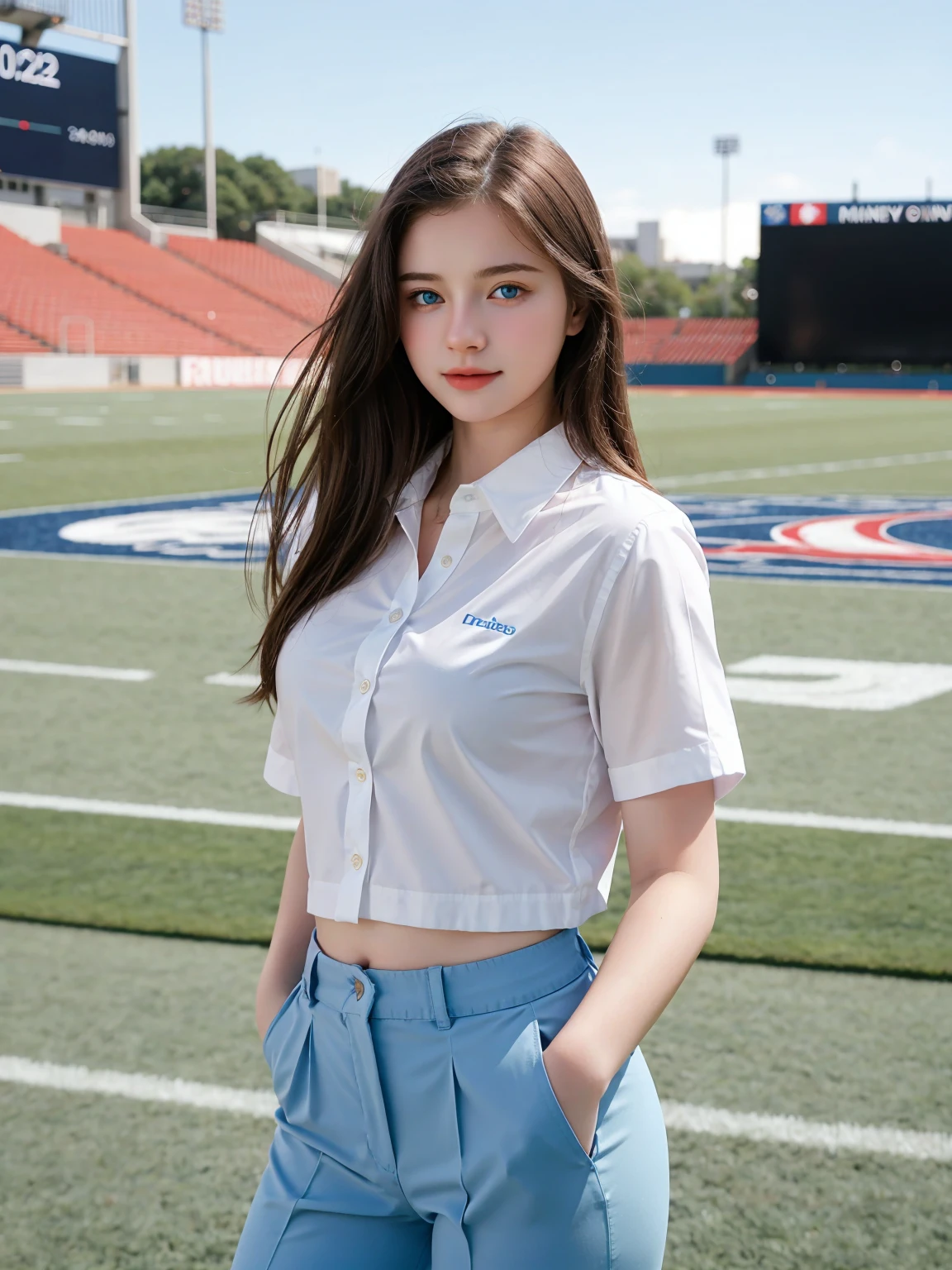 pretty girl, beautiful, baby face, 20 years old, White skin, Sexy pose, Women's pants, blue eyes, Bokeh, Football field background, masterpiece, full-body shot, Business Suite, Red long shirt