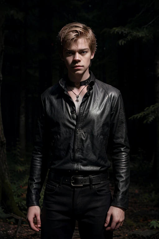 Thomas Brodie-Sangster, Newt, Wolf, 18 years old, short messy dark light blonde hair, honey eyes, red shirt with black collar, leather belt, dark black jeans, silver moon pendant, black jeans, black background of misty forest.