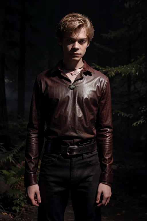 Thomas Brodie-Sangster, Newt, Teen Wolf, 18 years old, short messy dark light blonde hair, honey eyes, red shirt with black collar, leather belt, dark black jeans, silver moon pendant, black jeans, black background of misty forest.