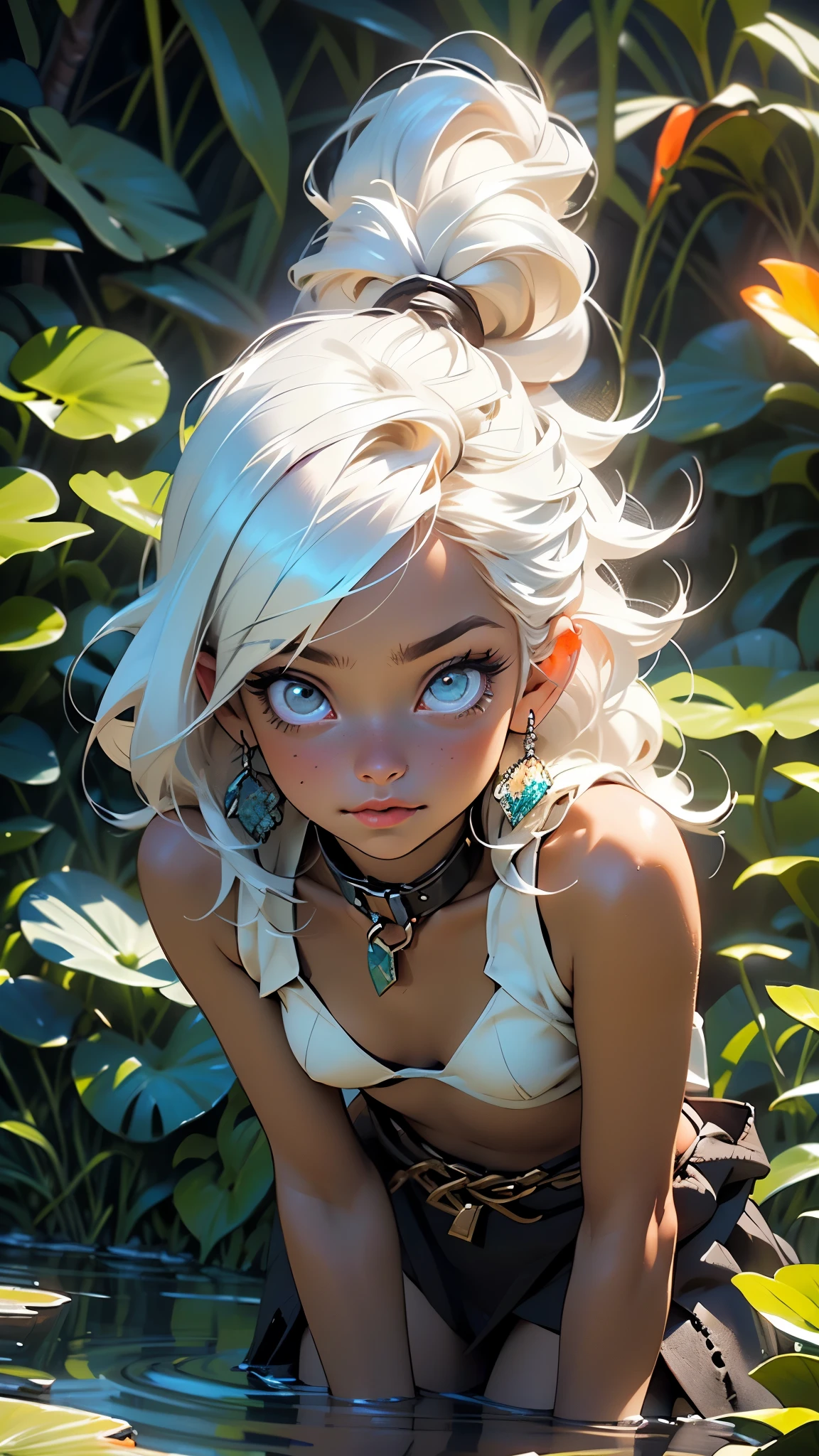 little  tribal,(((little ,small tiny body,,chibi))),(((6 years old))),

(((flat chest))),(((long white hair,white hair,colored inner hair))),((eyes aqua_eyes:1.3))),intricate eyes,beautiful detailed eyes,symmetrical eyes,big eyes:1.5,(((black skin,dark-skinned_female,dark skin,lustrous skin:1.5,tanned skin,bright skin: 1.5,skin tanned,shiny skin,very shiny skin,shiny body)))(((detailed face))),beautiful detailed lips,

((cute,slutty,erotic,(nsfw))),

(revealing clothing,show skin),((underboob)),(barefoot,),(((slave,slave collar,Long chain leash connected to her collar,shackles,loincloth,torn clothes))),((wet clothes,intricate outfit)),

dynamic and seductive pose,looking at viewer,embarrassed,centered,scale to fit dimensions,Rule of thirds,

outdoors,overgrown,(overgrown background,glowing crystals,bioluminescent plant),scenery,extremely scenery,(((glowing crystals,bioluminescent plants))),(puddles everywhere,moss,moss on the background),clouds,lily pads,palms,reeds,(sunset, golden hour),

(Glossy Egyptian ornaments),highres,sharp focus,(ultra detailed,extremely detailed),(photorealistic artwork:1.37),(extremely detailed CG unity 8k wallpaper),(((vibrant colors,vibrant theme))),(intricate),(masterpiece),(best quality),artistic photography,(photography taken by sldr),(intricate background),perfect rendered face,perfect face details,realistic face,photo realistic,((intricate detail)),(((realism))),
