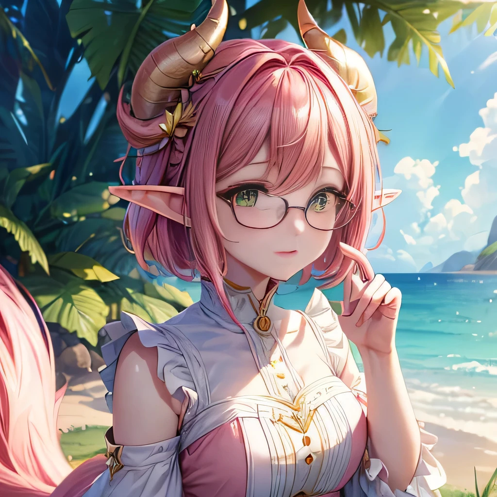 ((Best quality, 8K, Masterpiece: 1.3)) best quality, masterpiece,pink hair, big yellow horns curled around and pointed tail, green eyes, pink clothes, pink dress, elf ears, looking up, wear glasses, upper body,hair strand,Fair skin,short hair, beautiful face