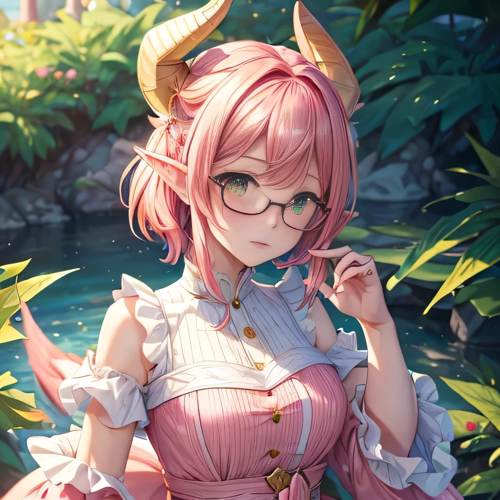 ((Best quality, 8K, Masterpiece: 1.3)) best quality, masterpiece,pink hair, big yellow horns curled around and pointed tail, green eyes, pink clothes, pink dress, elf ears, looking up, wear glasses, upper body,hair strand,Fair skin,short hair, beautiful face