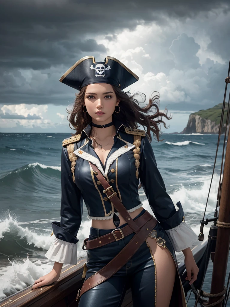 (masterpiece, best quality, The award-winning, High resolution), 1 beautiful female pirate, Skinny, High, Pirate hat, Complex clothing, Complex and beautiful design, Very detailed beautiful face, curls, detailed flowing hair, standing at helm on Corsair, Corsair, storm, rain, stormy sea, Detailed background, Water splash, Extremely detailed CG, Super detailed