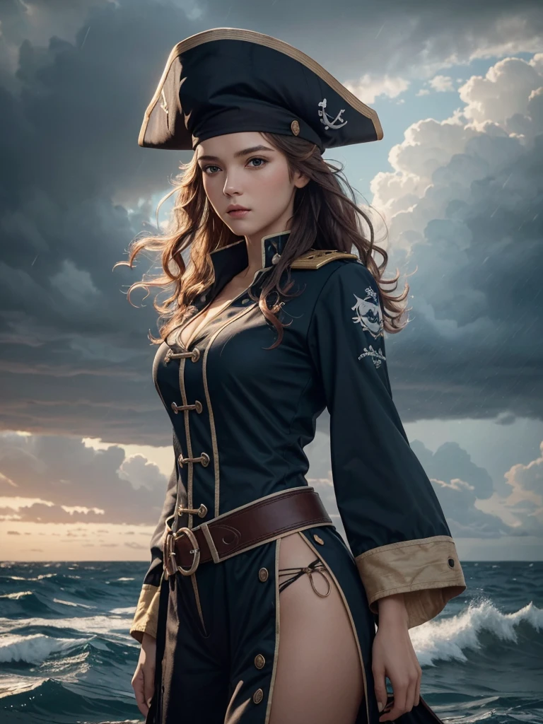 (masterpiece, best quality, The award-winning, High resolution), 1 beautiful female pirate, Skinny, High, Pirate hat, Complex clothing, Complex and beautiful design, Very detailed beautiful face, curls, detailed flowing hair, standing at helm on Corsair, Corsair, storm, rain, stormy sea, Detailed background, Water splash, Extremely detailed CG, Super detailed