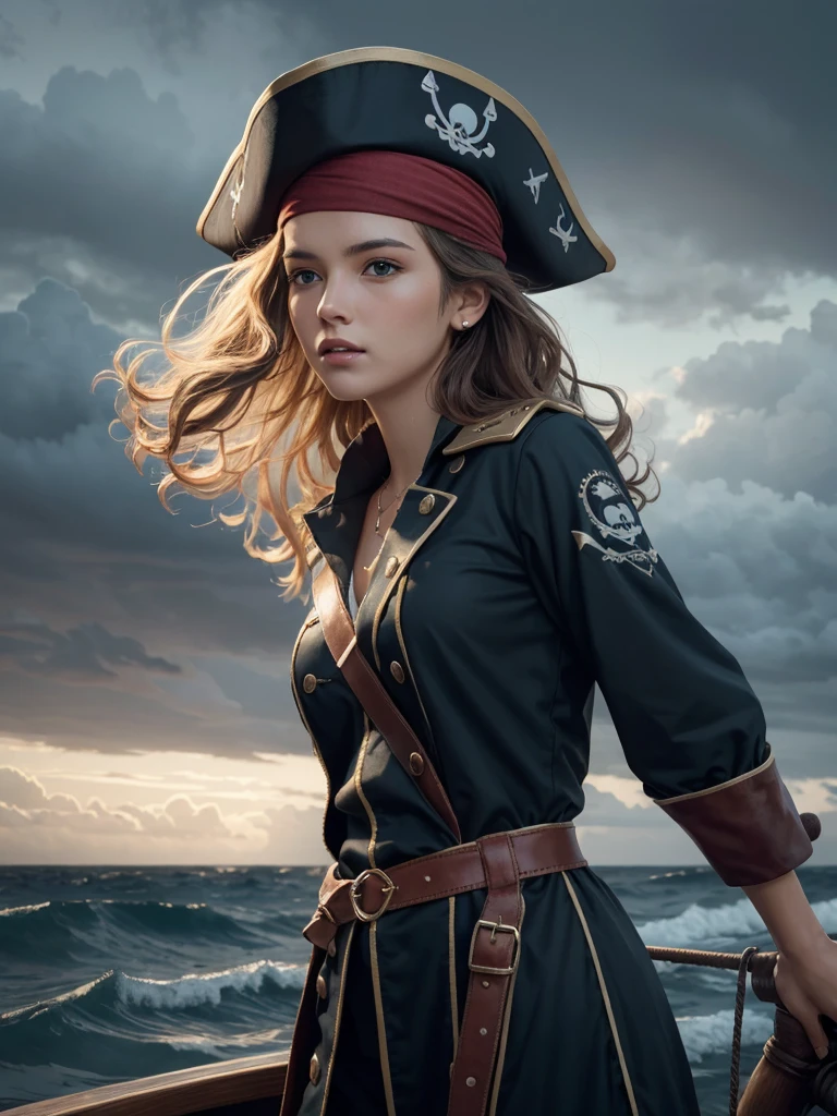 (masterpiece, best quality, The award-winning, High resolution), 1 beautiful female pirate, Skinny, High, Pirate hat, Complex clothing, Complex and beautiful design, Very detailed beautiful face, curls, detailed flowing hair, standing at helm on Corsair, Corsair, storm, rain, stormy sea, Detailed background, Water splash, Extremely detailed CG, Super detailed