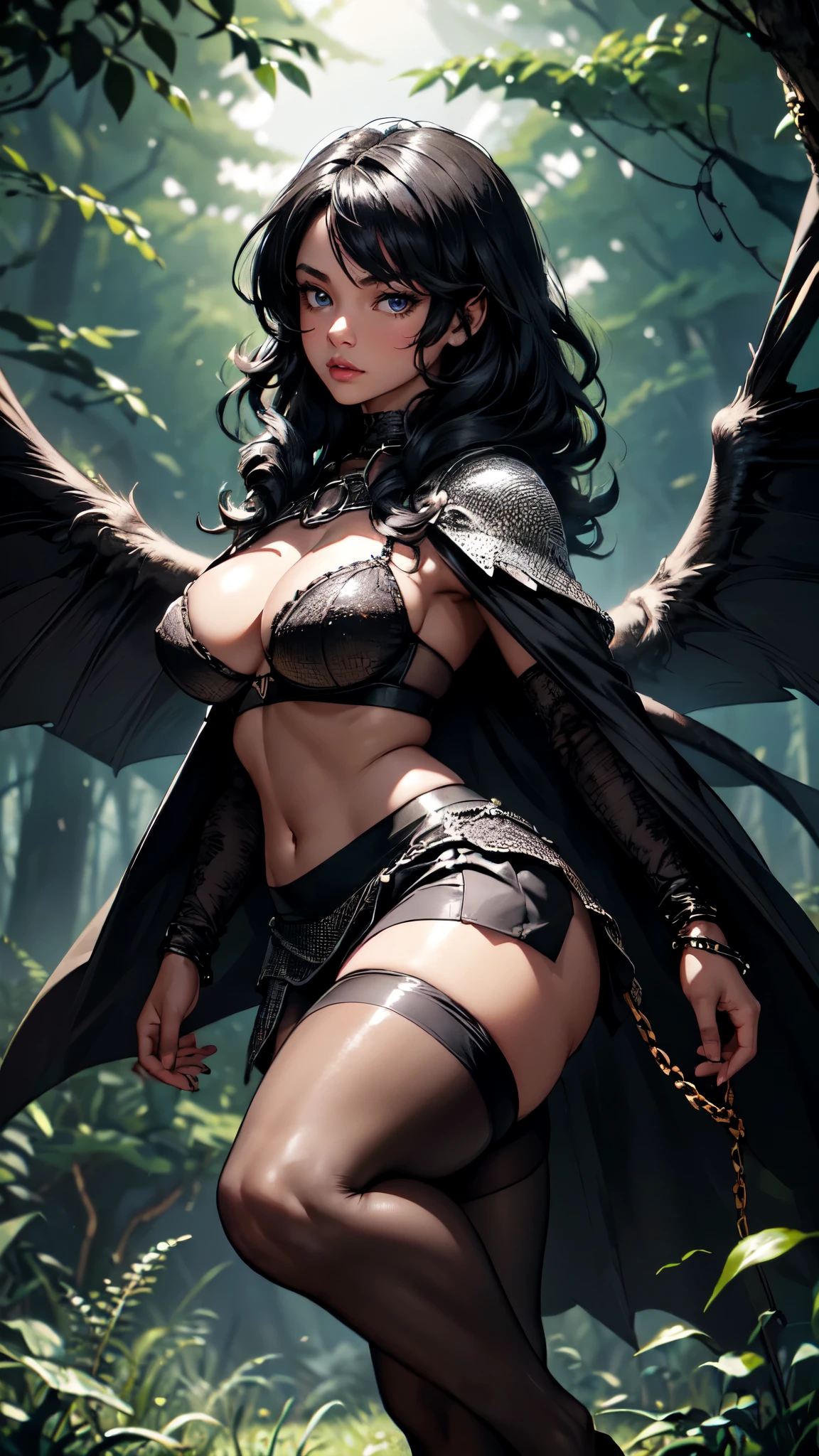 ((18-year-old))), black girl, (((light skin))), (((full body pose))), (((long curly black hair))), (((wearing tight chainmail micromini skirt, chainmail bra, open front cloak, wings))), (((seamless, black, pantyhose))), standing in the dark woods at night, moonlight shining through the dense canopy, (((dark castle in the background))), dark fantasy, Rich, Deep Colours, (intricate details:0.9), (HDR, hyper-detailing:1.2), (natural skin textures, hyper realisitc, glistening skin, soft light, Sharp),detailed face, detailed hands. detaild eyes