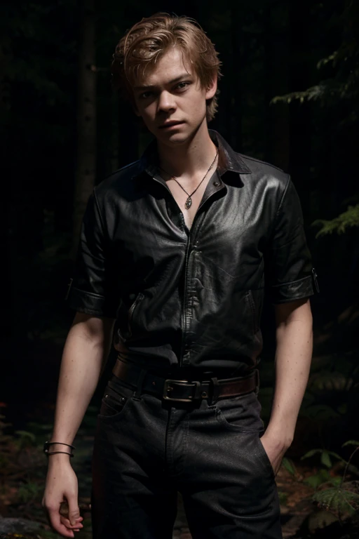 Thomas Brodie-Sangster, Newt, Teen Wolf, 18 years old, short messy dark light blonde hair, honey eyes, red shirt with black collar, leather belt, dark black jeans, silver moon pendant, black jeans, black background of misty forest.
