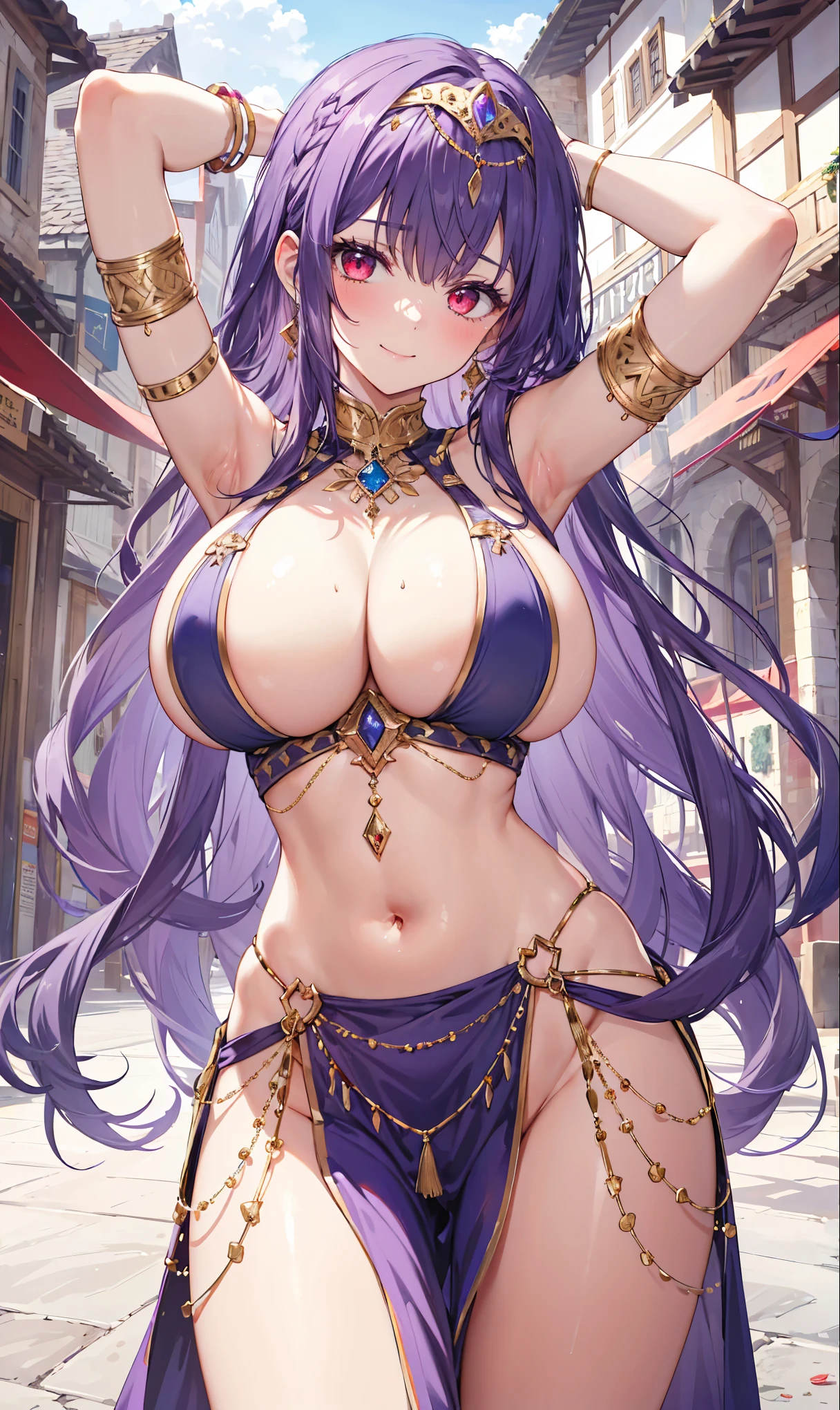 high quality, ultra detailed, best quality, insanely detailed, beautiful, masterpiece, 1girl, medieval plaza, cowboy shot, red eyes, long hair, purple hair, belly dancer, circlet, earrings, armlets, bracelets, bashful smile, large breasts, cleavage, soft stomach