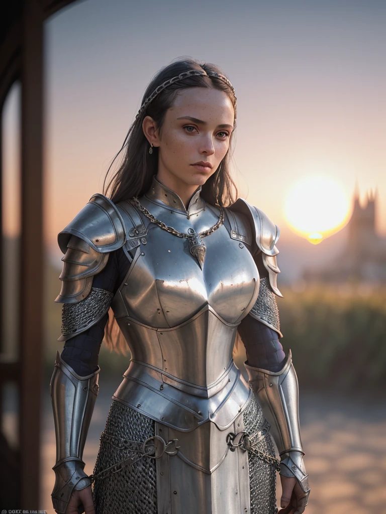 (artwork), (Extremely complex:1.3), (Realist), portrait , The most beautiful in the world, (Medieval Armor), Metal Reflection, Dry, outdoor, strong sunlight, distant castle, Professional photo of a stunningly detailed woman, Clear focus, Dramatic, Grant, movie lighting, Unreal Engine Octane Rendering,  Volume DTX, (Film Grain, Blurred background, Blurred foreground, Bokeh, Depth of Field, Sunset, blur motion:1.3), Chain Mail