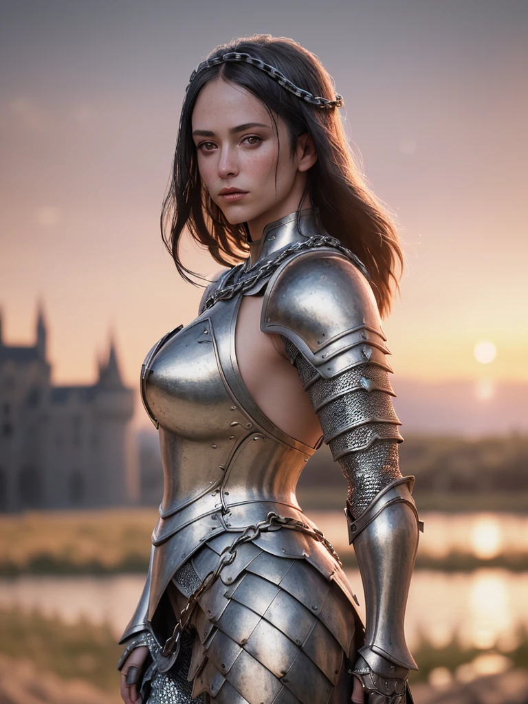(artwork), (Extremely complex:1.3), (Realist), portrait , The most beautiful in the world, (Medieval Armor), Metal Reflection, Dry, outdoor, strong sunlight, distant castle, Professional photo of a stunningly detailed woman, Clear focus, Dramatic, Grant, movie lighting, Unreal Engine Octane Rendering, Volume DTX, (Film Grain, Blurred background, Blurred foreground, Bokeh, Depth of Field, Sunset, blur motion:1.3), Chain Mail