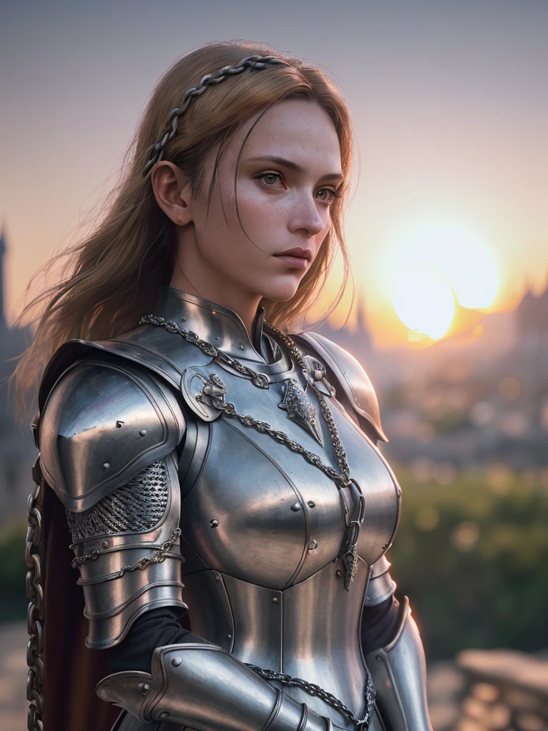 (artwork), (Extremely complex:1.3), (Realist), portrait , The most beautiful in the world, (Medieval Armor), Metal Reflection, Dry, outdoor, strong sunlight, distant castle, Professional photo of a stunningly detailed woman, Clear focus, Dramatic, Grant, movie lighting, Unreal Engine Octane Rendering, Volume DTX, (Film Grain, Blurred background, Blurred foreground, Bokeh, Depth of Field, Sunset, blur motion:1.3), Chain Mail