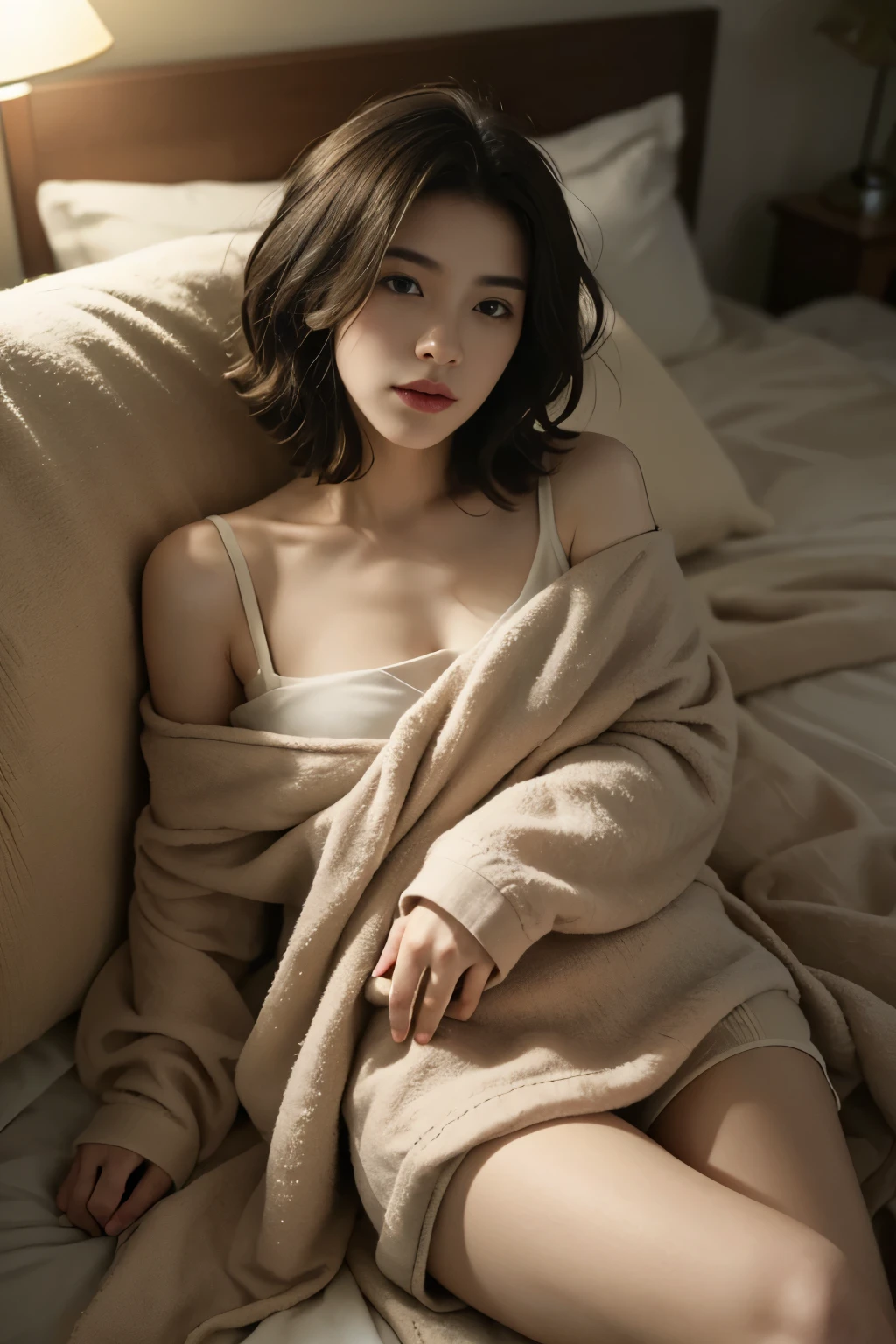 Best quality, masterpiece, ultra high res, (photorealistic:1.5), raw photo, 1girl,, in the dark, deep shadow, low key, cold light, sexy look, short hair, smooth , Deep neckline, sitting on a bed in a cozy bedroom. she is wearing simple underwear, The room is softly lit with a warm, ambient light from a bedside lamp, creating a relaxing and intimate atmosphere. The bed has soft, plush pillows and a neatly arranged blanket. The woman looks serene and comfortable, embodying elegance and tranquility.