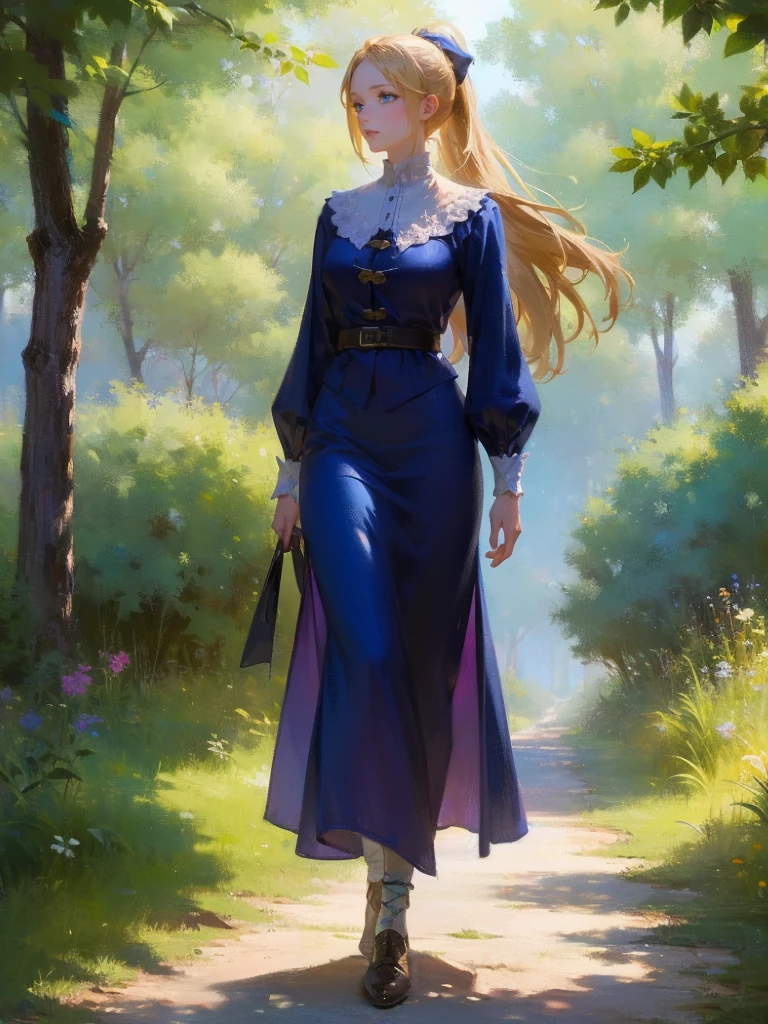 fantasy, 1 woman, Emily, 18 year old woman, mature and confident demeanor, full body illustration, long blond hair tied in a ponytail, hair comes down to her mid-back, crystal blue eyes, high detail, wearing a medieval renaissance style attire that is modest but feminine, her attire is common and suited to someone who lives on a farm, intricate details, ultra high resolution, sharp focus, HD, 8k, clear facial features，clear details, walking through a path in the woods, zoomed out view