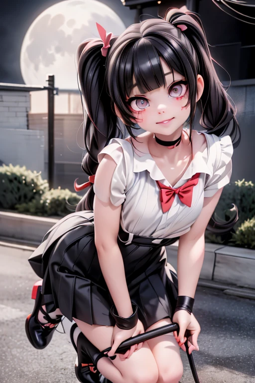 a yandere girl, crazy eyes, face (scar), constricted pupils, crazy face, (red smokey eyes make_up), pigtails, hairbows, footwear pumps, choke, wrist bands, holding a (baseball_bat), school backyard at night, night scene, moon at background