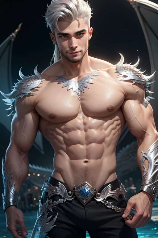 Homem jovem, alto, loiro, de cabelos longos e prateados, Fluttering; olhos brilhantes, azuis e amendoados; corpo perfeito, esbelto, with defined muscles; silver dragon scales on forearms; sorriso sedutor.