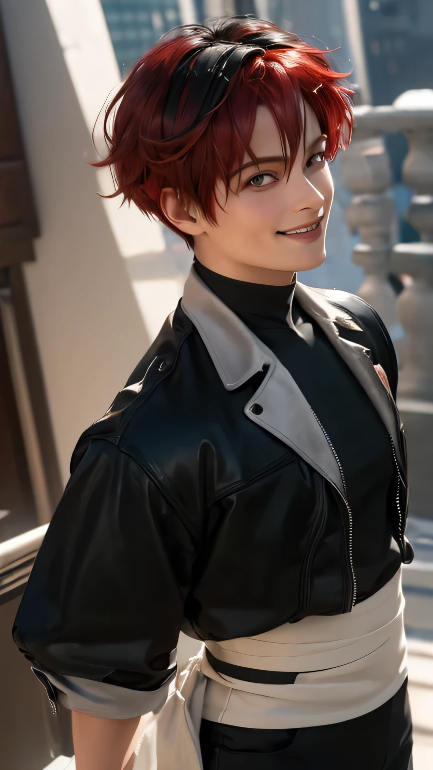 (masterpiece, best quality:1.4), ((1man)), highres, solo, (european youth:1), ((StarkFrieren)), ((18 years old)), Cosplay, ((red hair)), ((bangs)), ((wearing black cyberpunk clothes)), white sash, black pants, high detailed skin, walking, dslr, soft lighting, high quality, highly detailed face, highly detailed skin, skin pores, subsurface scattering, fullbody view, realistic pupils, full face blush, detailed background, depth of field, volumetric lighting, sharp focus, absurdres, realistic proportions, good anatomy, ((looking at viewer)), ((light smile)), (realistic, hyperrealistic:1.4), 16k hdr, from above.
