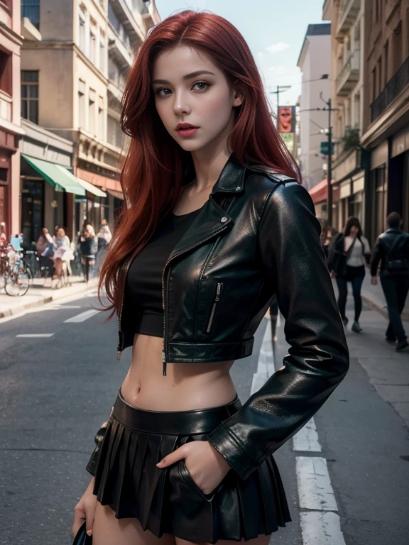 A girl, young, beautiful, ((photorealistic medium shot: 1.5)), long red hair, slim body, green eyes, black leather jacket, black pleated miniskirt, on a city street, masterpiece, high quality 8k, sharp focus