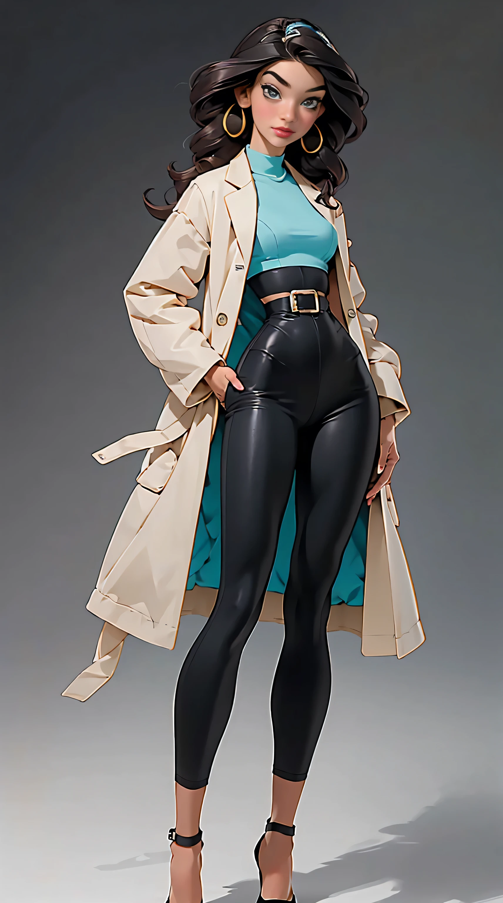 1 20 year old woman, full body shot, maximum resolution, sculpted, doctor, beautiful, perfect body, perfect body, thin waist, wide hips, large breasts, thin thighs, tight doctor clothes, black pants and black high-neck blouse, pieces highly detailed, high resolution, perfect hands, side view, face completely turned to the side to look at the viewer, head turning to look at the viewer, hand on waist, white coat