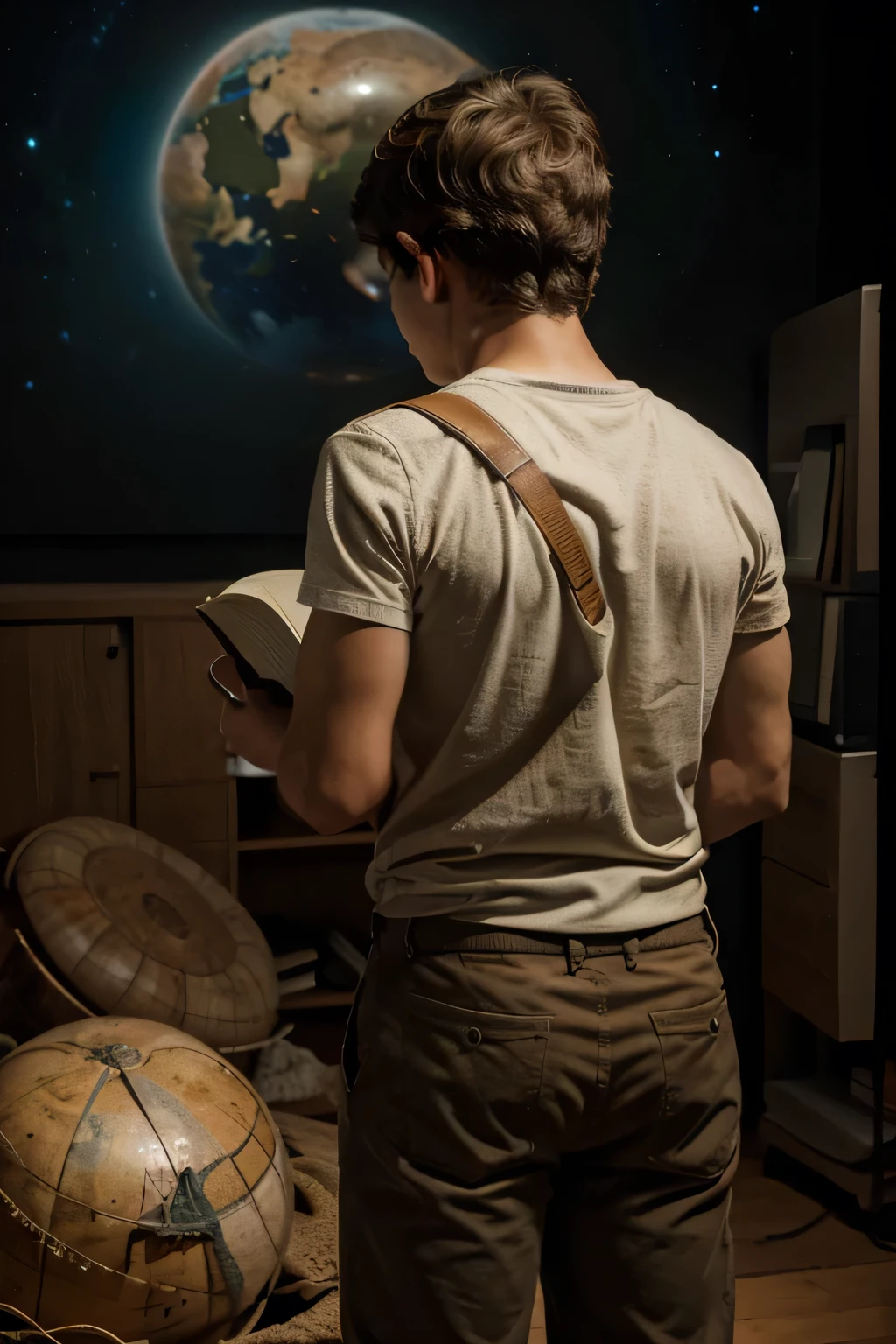 A boy reading a book . Make question marks full of his back side . Aliens looking him . Make a earth behind him.