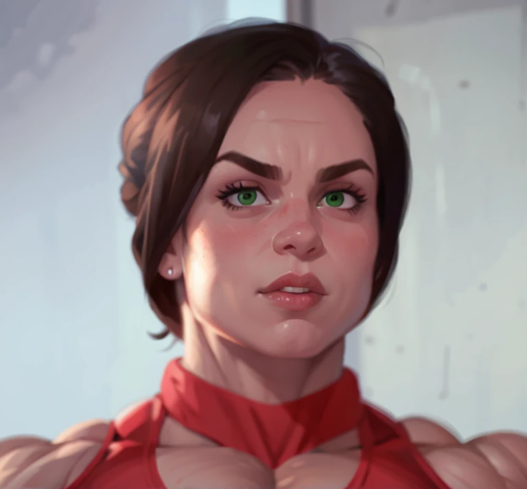 eastern european muscle woman with dark hair in a bun wearing red tank top with massive muscle sarms by her side, woman with huge muscles, green eyes,



