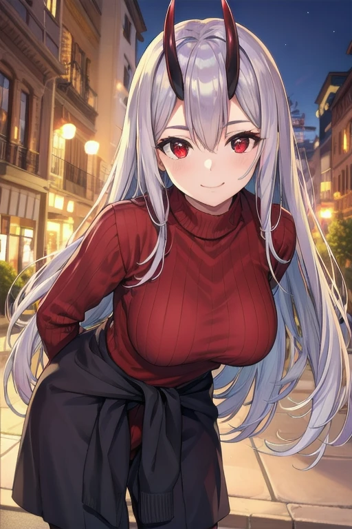 A masterful, best quality portrait of a young woman with striking red eyes, a smug smile, and hair that falls between her eyes. She has long, silver hair and oni horns, and is wearing a sweater while leaning forward with her hands on her waist. This image has a Torino style that is ultra-detailed, realistic, and photorealistic.