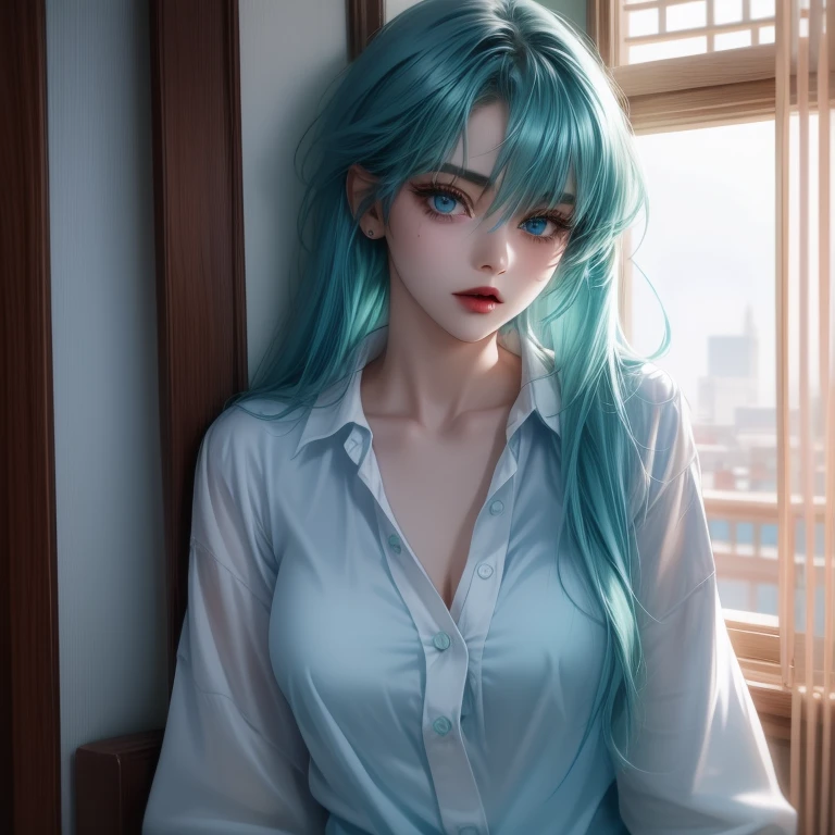 Colleges vibes. Girl, blue-green hair, blue eyes, sharp features, white skin, blue blouse