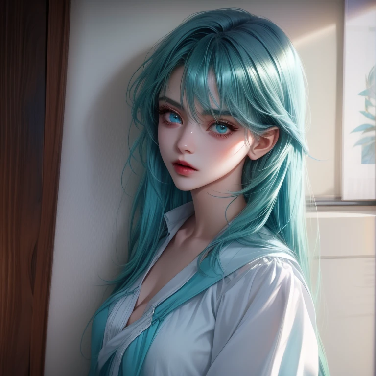 Colleges vibes. Girl, blue-green hair, blue eyes, sharp features, white skin, blue blouse