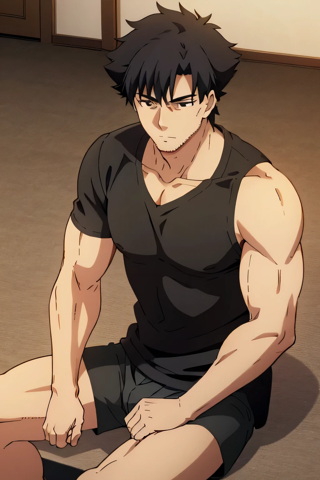 Kiritsugu is sitting and flexing his biceps and abs. He wears black short boxershorts. You can see his thighs. He wears a black tshirt with short sleeves. His right sleeve is completely rolled up so you can see his entire arm and shoulder. He is showing his abs too.
