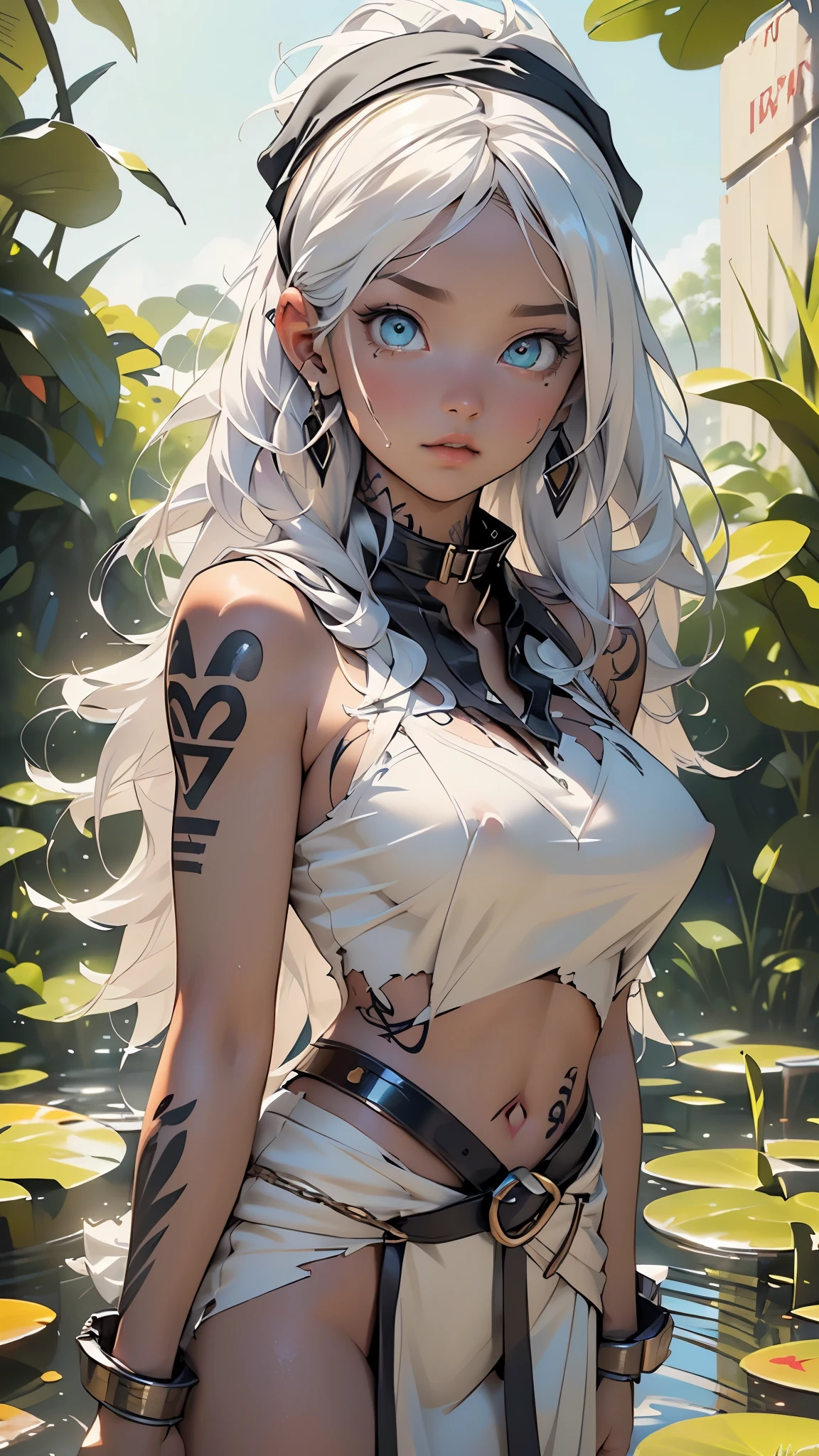 girl tribal,(((beauty girl))),(((18 years old))),
((((large breasts:1.4),))),(((long white hair,white hair,colored inner hair))),((eyes aqua_eyes:1.3))),intricate eyes,beautiful detailed eyes,symmetrical eyes,big eyes:1.5,(((black skin,dark-skinned_female,dark skin,lustrous skin:1.5,tanned skin,bright skin: 1.5,skin tanned,shiny skin,very shiny skin,shiny body))),(spider lower abdomen,narrow waist,wide hip,athletic body,inflated legs,thick thighs,(detailed face)),beautiful detailed lips,
((cute,slutty,erotic,(nsfw))),
((headscarf:1.5)),(revealing clothing,show skin),((underboob)),(barefoot),((tattoos and markings:1.5)),((see through clothes,long clothing,no bra,small nipples)),(((slave,slave collar,Long chain leash connected to her collar,shackles,loincloth,torn clothes))),((wet clothes,intricate outfit)),
dynamic and seductive pose,looking at viewer,embarrassed,centered,scale to fit dimensions,Rule of thirds,
outdoors,overgrown,(overgrown background,glowing crystals,bioluminescent plant),scenery,extremely scenery,(((glowing crystals,bioluminescent plants))),(puddles everywhere,moss,moss on the background),clouds,lily pads,palms,reeds,(sunset, golden hour),
(Glossy Egyptian ornaments),highres,sharp focus,(ultra detailed,extremely detailed),(photorealistic artwork:1.37),(extremely detailed CG unity 8k wallpaper),(((vibrant colors,vibrant theme))),(intricate),(masterpiece),(best quality),artistic photography,(photography taken by sldr),(intricate background),perfect rendered face,perfect face details,realistic face,photo realistic,((intricate detail)),(((realism))),