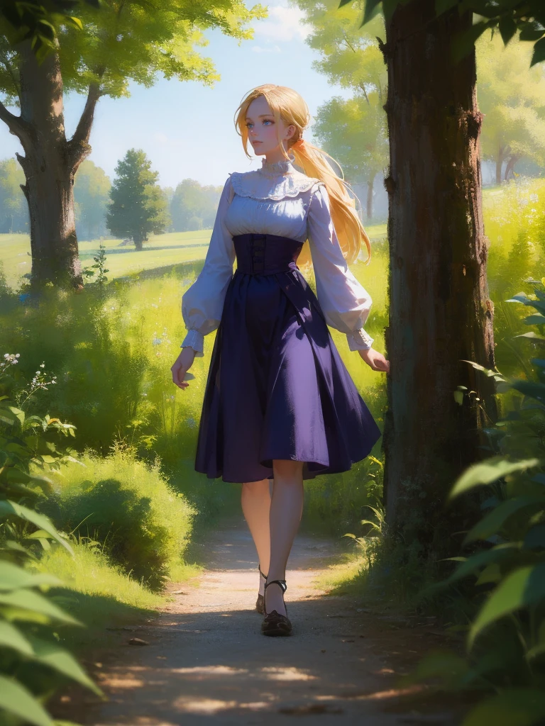 fantasy, 1 woman, Emily, 18 year old woman, farm girl, commoner, mature and confident demeanor, full body illustration, long blond hair tied in a ponytail, hair comes down to her mid-back, crystal blue eyes, high detail, wearing a medieval renaissance style attire that is modest but feminine, intricate details, ultra high resolution, sharp focus, HD, 8k, clear facial features,clear details, walking through a path in the woods, zoomed out view