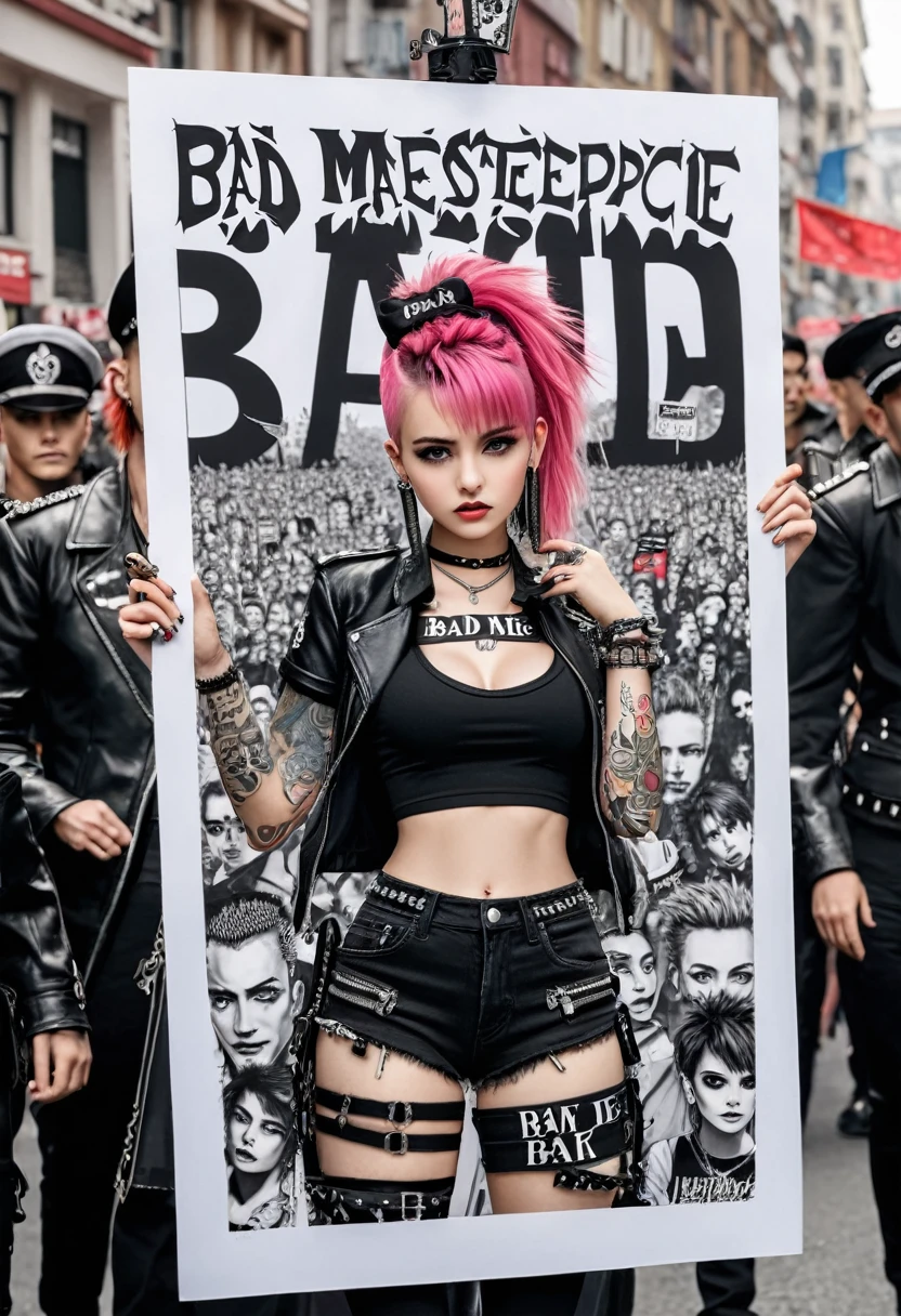 Punk Girl, Parade, holding up slogan, text "Bad Me", (masterpiece, best quality, Professional, perfect composition, very aesthetic, absurdres, ultra-detailed, intricate details:1.3)
