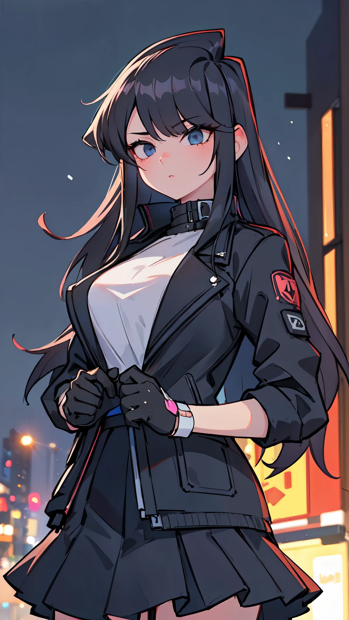 Girl1,black jacket,black skirt,(city,in the night,neon),top quality, high precision,beautiful lighting,realistic shade,high precision,(very detailed face and eyes,cowboy shot)