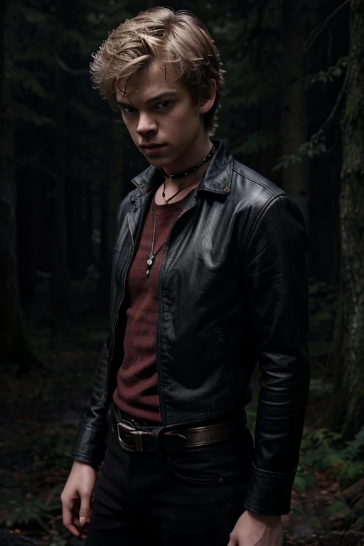 Thomas Brodie-Sangster, Newt, Wolf, 18 years old, short messy dark light blonde hair, honey eyes, red shirt with black collar, leather belt, dark black jeans, silver moon pendant, black jeans, black background of misty forest.