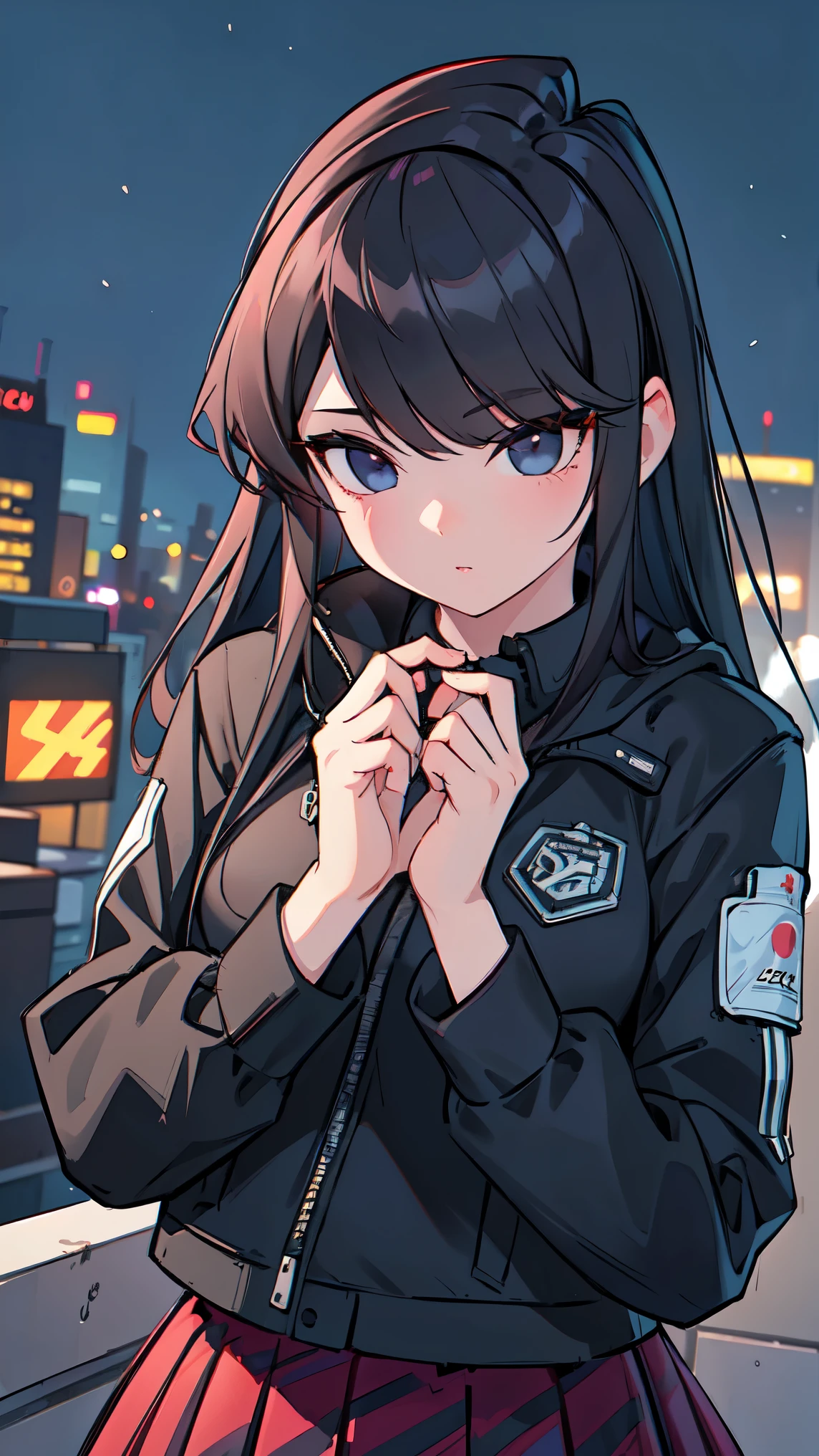 Girl1,black jacket,black skirt,(city,in the night,neon),top quality, high precision,beautiful lighting,realistic shade,high precision,(very detailed face and eyes,cowboy shot)