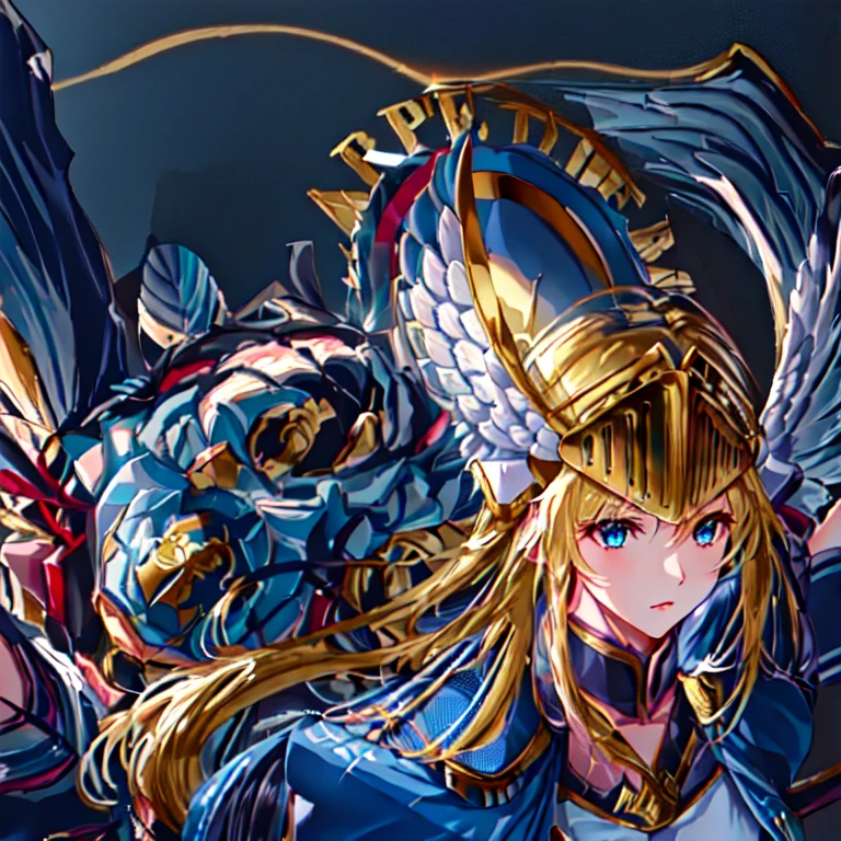 (masterpiece, highest quality) Valkyrieプロフィールレネス, One girl, Long Hair, blue eyes, Blonde Hair, Holding, arms, wing, Focus Only, sword, Holding arms, armor, bird, Holding sword, Helmet, feather, shoulder armor, feathered wing, Scapula, angel wing, breastplate, armored dress, winged Helmet, Valkyrie