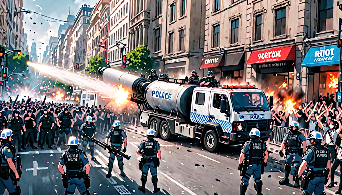 riot truck, water cannon, crowd, riot, police, street, city
