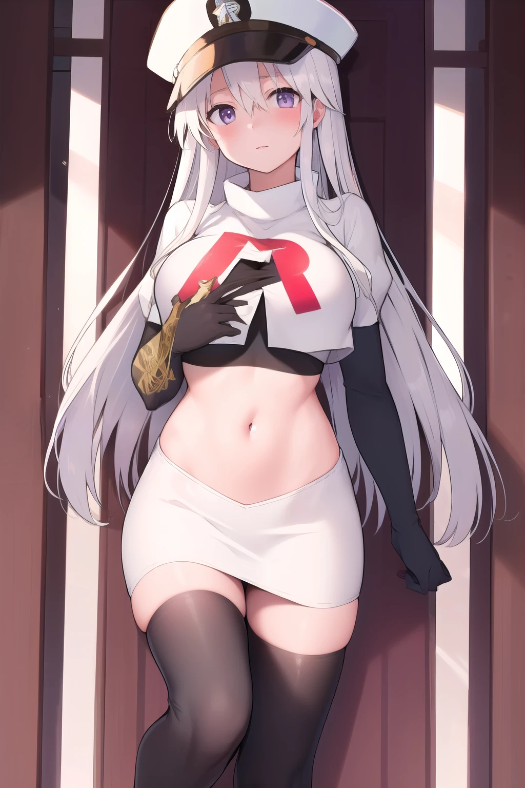(masterpiece, best quality:1.2),illustration,8k,hd,1girl,solo,long_hair,hat,white hat,white_hair,peaked_cap,purple_eyes,breasts,shirt,very_long_hair,large_breasts,zettai_ryouiki,military_hat,bangs,hair_between_eyes,team rocket,team rocket uniform,white skirt,red letter R,crop top,black thigh-highs,black elbow gloves,blush,
