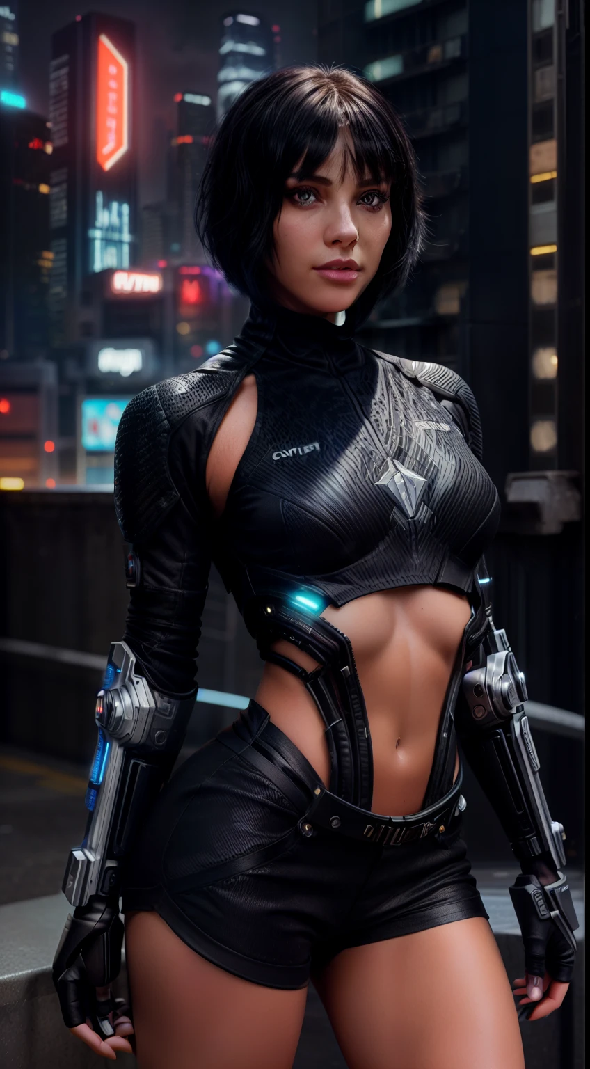 (highly detailed: 1.2), (canon EOS R6 best quality: 1.2), (8k: 1.0), (emb-rrf-low: 1.0), detailed face, hyper detailed eyes, sharp focus (awarded photo: 1.2), (subsurface scatter: 1.2), (subsurface scatter: 1.2). 1.1) (a beautiful ultra-detailed cyborg: 1.2), ( hyper-detailed hair: 1.2), (wonderful body: 1.2), (full body: 1.2), (dynamic stance :1.2), neon glow, (detailed cybernetic eyes:1.1), close-up (hyperrealistic:1.2), rpg, CyberPunk 2077 style, dramatic lighting, (highly detailed futuristic cityscape:1.2), (sci-fi: 1.2). 1.2), professional portrait photography, by wlop greg rutkowski jeffrey simpson alphonse mucha, black short hair with bangs emo pin up girl, striking a pose, midshot, centered image, ultra detail, extremely face detail, extremely eye detail, black short hair with bangs, black short hair with bangs, black short hair with bangs