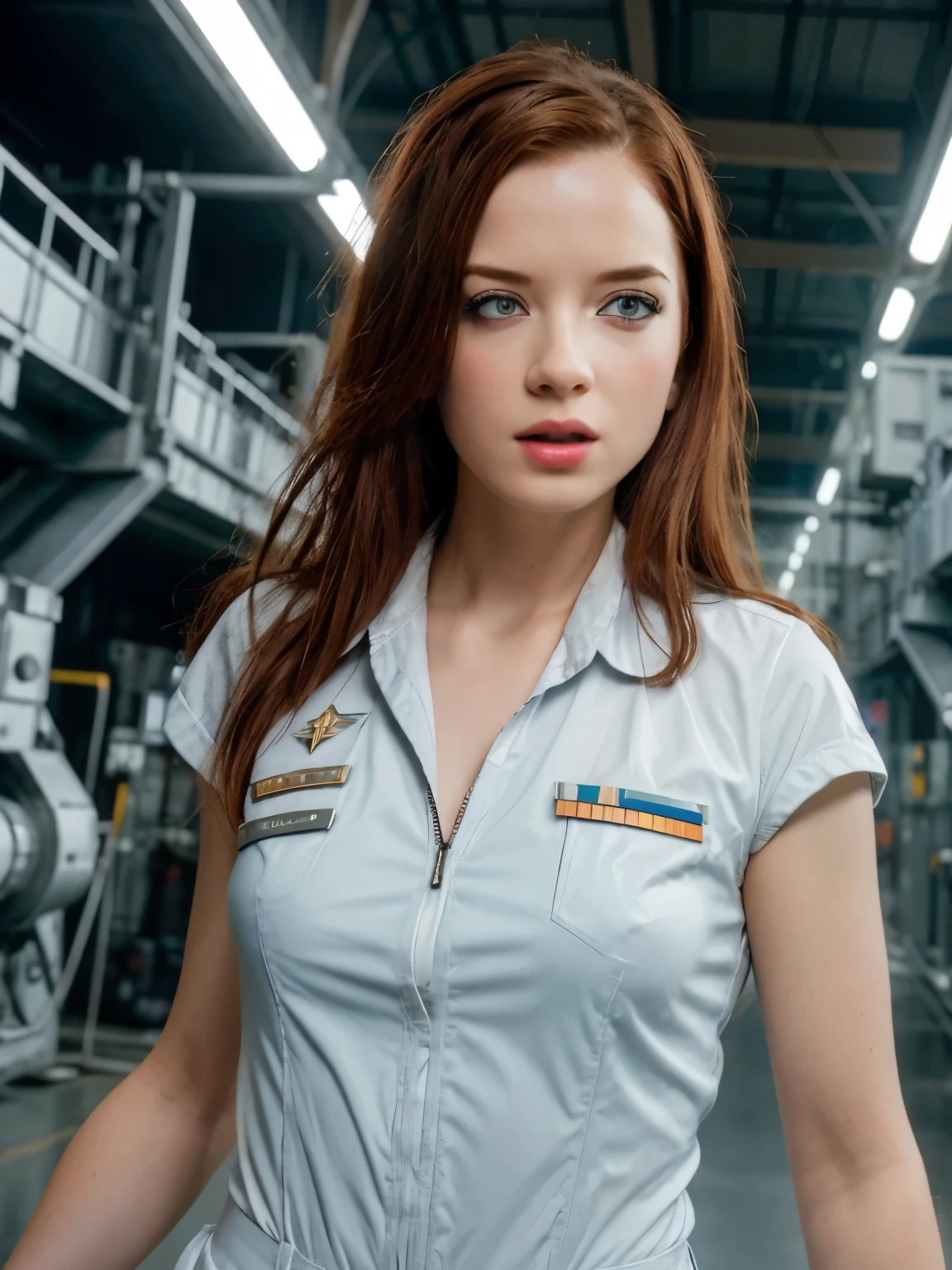 in a steel mill, (female air force uniform), (white uniform:1.0), (long straight hair), robotic expression, (photorealistic:1.2) (best quality) (detailed) (intricate) (8K), (cinematic lighting:1.2), sharp details