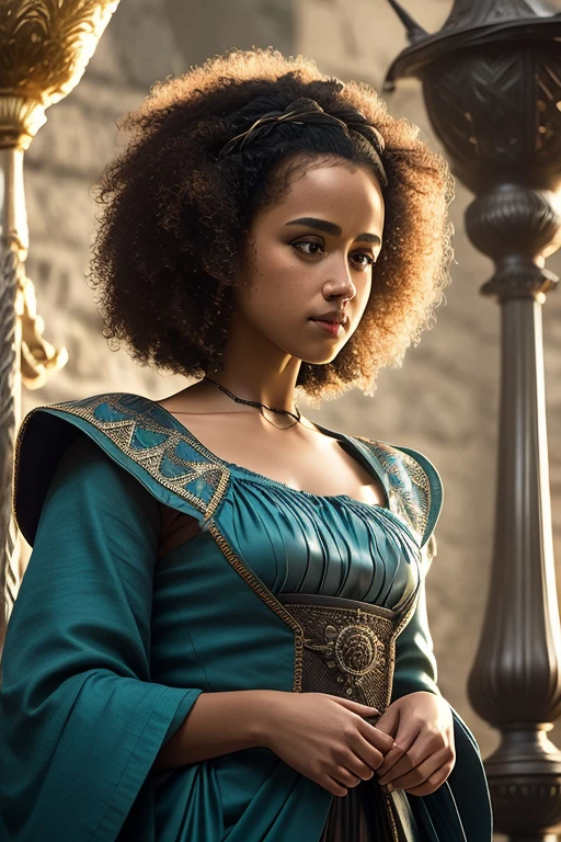 portrait photo of SCANTILY CLAD missanxx a black woman with short afro hair, wearing a teal gown in a royal palace in game of thrones, modelshoot style, (extremely detailed CG unity 8k wallpaper), photo of the most beautiful artwork in the world, professional photorealistic picture, NIKON, RAW, trending on ArtStation, trending on CGSociety, Intricate, High Detail, Sharp focus, dramatic, photorealistic painting art by midjourney and greg rutkowski 