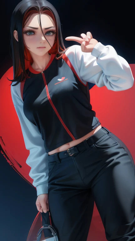 A young woman with improved anatomy, standing in a dynamic pose, wearing a sporty jacket and pants similar to the original image. The lighting is soft and highlights her features. Her face, hands, and neck are detailed and anatomically correct. The overall style is semi-realistic, maintaining the original clothing style and colors. She has a confident expression, and the image has a professional finish without being hyper-realistic