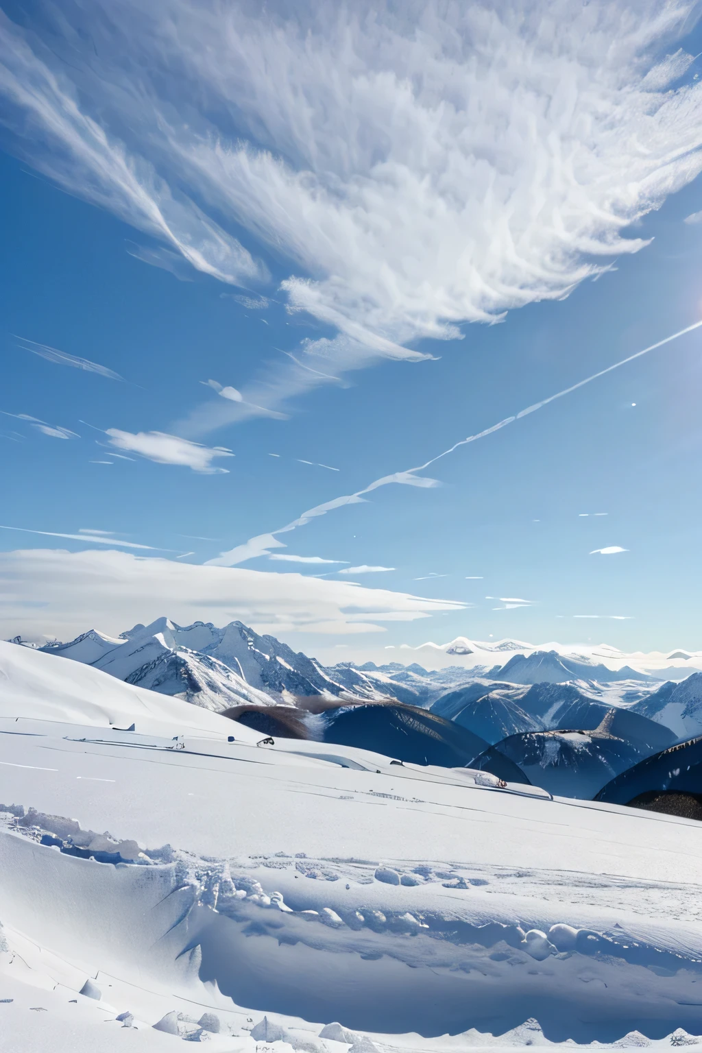 Best quality,Landscape(Clean snow,smooth,Snow Mountain,Blue sky and white clouds)