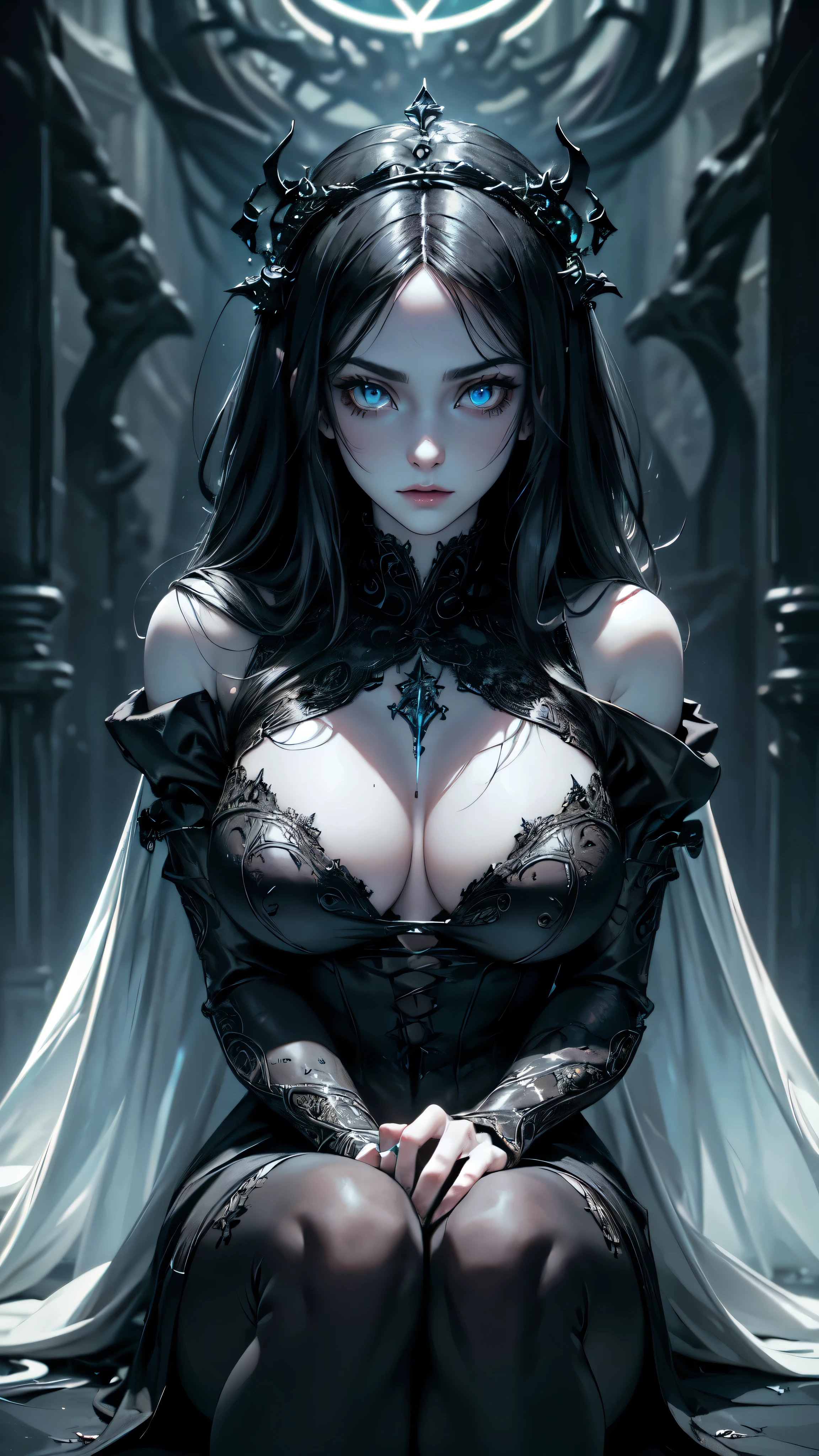 high details, best quality, 16k, [ultra detailed], masterpiece, best quality, (extremely detailed), dynamic angle, ultra wide shot, photorealistic, fantasy art, dnd art, dark fantasy art, realistic art, gothic art, GlowingRunes_red, NeroV2, an ultra wide, full body (intense details, Masterpiece, best quality: 1.5), picture of a female human (1.5 intricate details, Masterpiece, best quality) priestess of death ((pale white magical aura)), controlling a swirling magic (intense details, Masterpiece, best quality: 1.5), manipulating magical sigils (intricate details, Masterpiece, best quality: 1.5), human female, black hair, pale skin, long black hair with pale white aura, black hair with pale touch, azure eyes, pale eyes, intense eyes, ((glowing eyes: 1.5)), black dress (intense details, Masterpiece, best quality: 1.5), red cloak (intense details, Masterpiece, best quality: 1.5), high heeled boots, (intense details, Masterpiece, best quality: 1.5), fantasy dark temple background, ((death worship atmosphere)), high details, depth of field (intense details, Masterpiece, best quality: 1.5),best quality, highres, ultra wide angle. detailed yes, detailed hands, detaild face