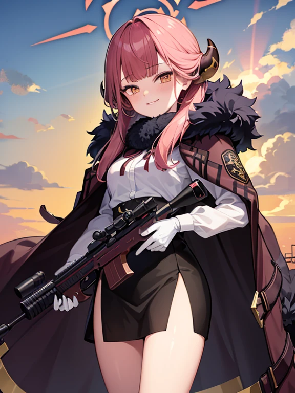 aru (blue archive), aru (new year) (blue archive), halo, masterpiece, aru, halo, horn, fur_trim, gun, weapon, rifle, sniper_rifle, 1girl, holding_gun, fur-trimmed_coat, fur-trimmed_sleeves, fur_collar, fur-trimmed_jacket, holding_weapon, bolt_action, coat, gloves, anti-materiel_rifle, fur_coat, fur-trimmed_cape, solo, scope, bullpup, long_hair, skirt, smile