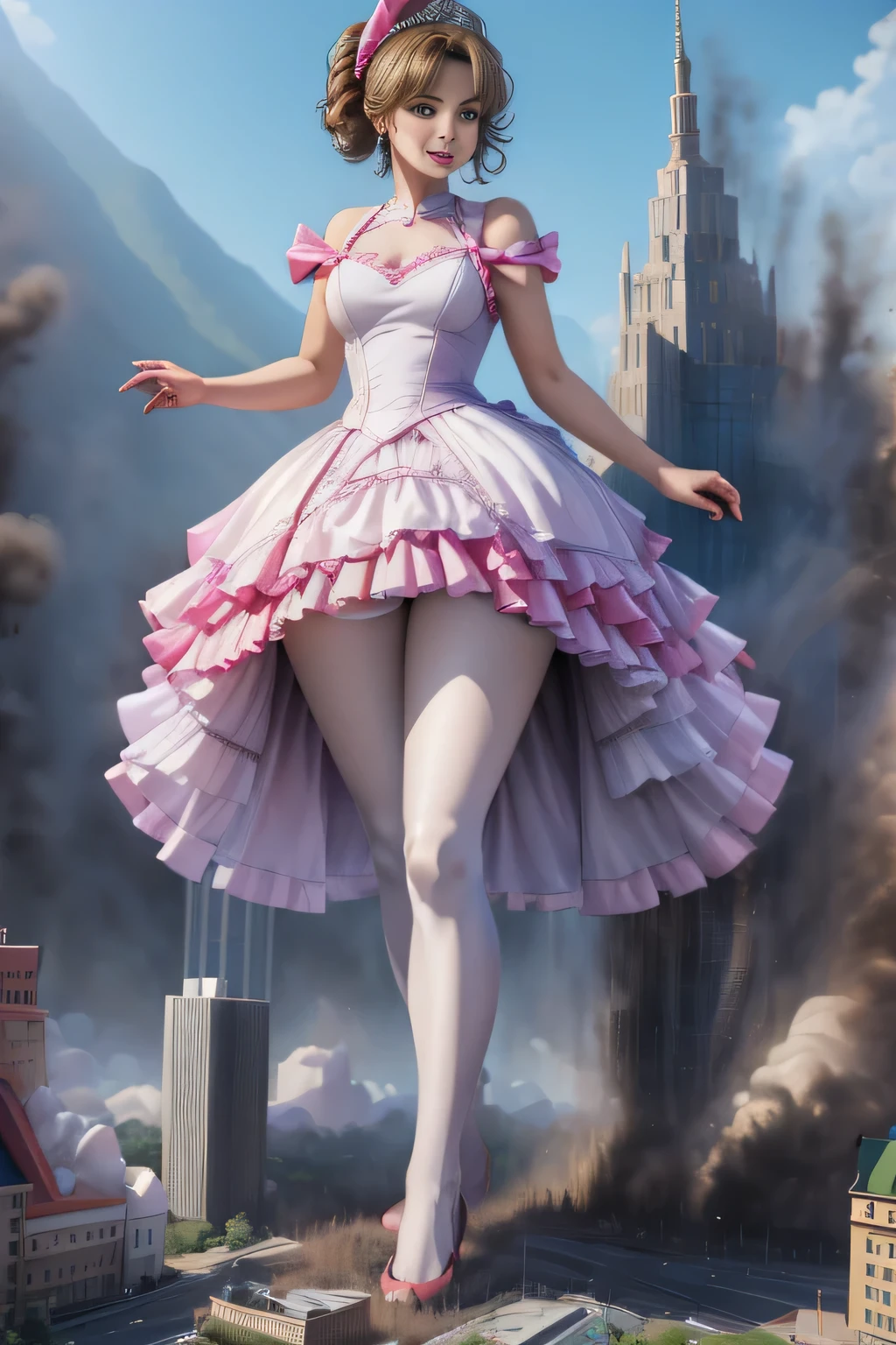 giantess art, highly detailed giantess shots, giantess, Two legs, Five fingers, short hair, super giant princess, A beautiful girl who is bigger than any skyscraper, Wearing rimless glasses, smile, Big Breasts, White gorgeous dress, White Pantyhose, white pantyhose, White stiletto sandals, toes visible through pantyhose, Destroying cities, A very small big city, Miniature metropolis, Full body description, GTS, giga giantess, stomping city, crash city, tiny city, micro city, pantyhose feet, High resolution, highest quality, masterpiece, princess dress,