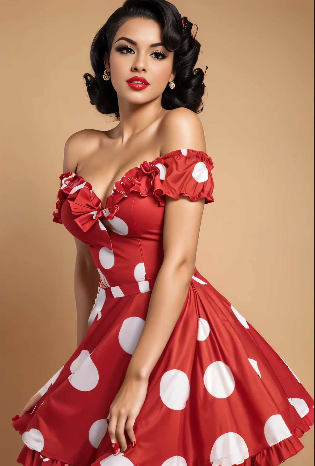 Photo of the famous sexy model Adela Noriega, mexico, she has big lips she is mulatto Mexican, Mexican culture sexual and emotional, She has curly black hair, creating a mysterious and sexy image. Model dressed in pin-up style with dark hair styled in pin-up style "victory rolls" roses in hair and curly bangs. Her plump red lips make her look sexy. She has average breast size. She portrays a pin-up model, posing in various sexual positions. Against a white background, she appears in a red retro dress with large polka dots with a fluffy, voluminous ballerina skirt. She has a red bandana on her head, and on his feet - red stockings. The photo is made in pin-up style, emphasizing the retro-USA vibe.