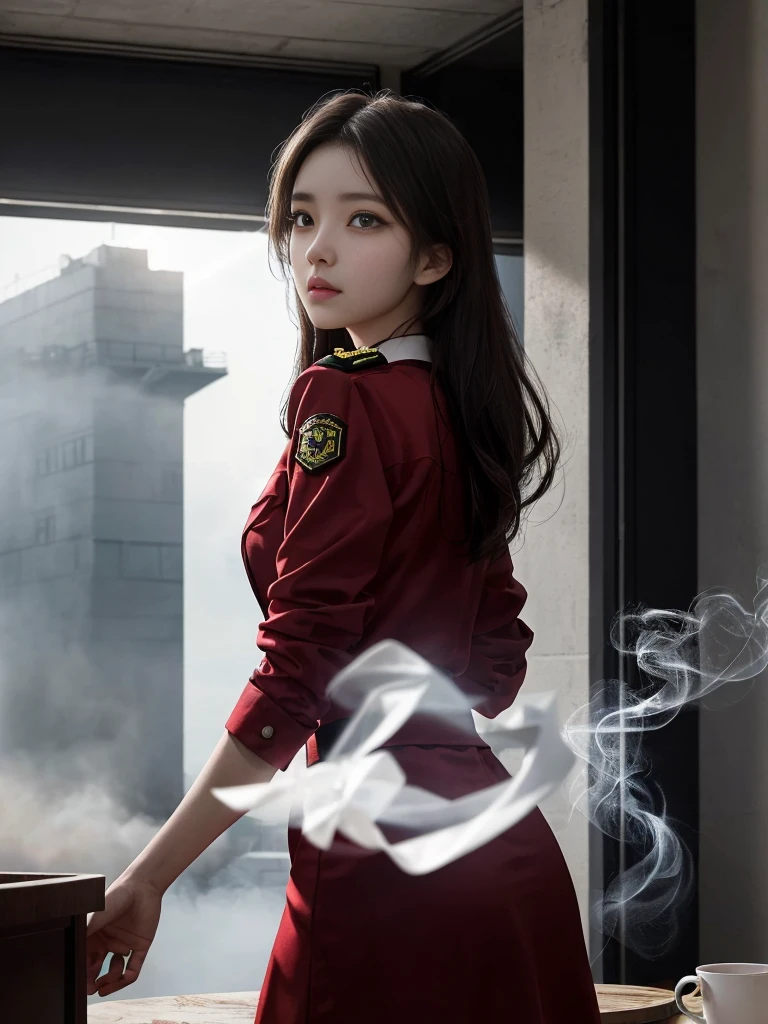 (1 Girl:1.3), Solitary, (((very detailed face)))), ((Very detailed eyes and face)))), beautiful detail eyes, body parts__, Official Art, Unity 8k wallpaper, beautiful and beautiful, beautiful, On the table, best quality, The original, On the table, Ultra-detailed photos, best quality, Ultra-high resolution, realism, Sunlight, Full body portrait, Stunning beauty, Dynamic poses, Delicate face, (Eyes are bright when looking straight ahead), She was in combat uniform, Black and red monochromatic color scheme, Women's military uniform, Very detailed abandoned warehouse background, Delicate face, Detailed complex busy background, messy, Gorgeous, milky, highly refined skin, Realistic skin details, Visible pores, Be focused, Volumetric fog, 8K Ultra HD, high quality, Film Grain, White skin, Photorealism, Rama Photography, Future dystopian megalopolis, Explosive smoke,emergency siren,In battle with the enemy,A nervous expression,intense situation,Combat helicopters,Beautiful woman with a well-proportioned figure,East,Korean,Teenage super pretty girl,Energetic girl,Play as a rescuer through dangerous situations,意志のStrong Woman,Strong Woman,former mercenary,martial arts,obligation: Rescue Operations Team Leader,Purify the blue sky,The precious girl who protects the holy war with a pure heart...,Transporting minimally necessary medical equipment,Angle photo taken from below,return, symbol of battle々Shishi Face,kawaii face,CLC Eugene,Eve Eugene, commander,thin,thin弱的体型,下半身较thin,The butt is small,I stood quietly,Observe your surroundings carefully.,