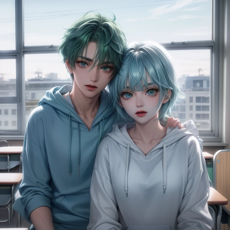 Colleges vibes in classroom. Girl, blue-green hair, blue eyes, sharp features, white skin, blue blouse. With boy, green hair, green eyes, sharo features, white skin, green hoodie.
