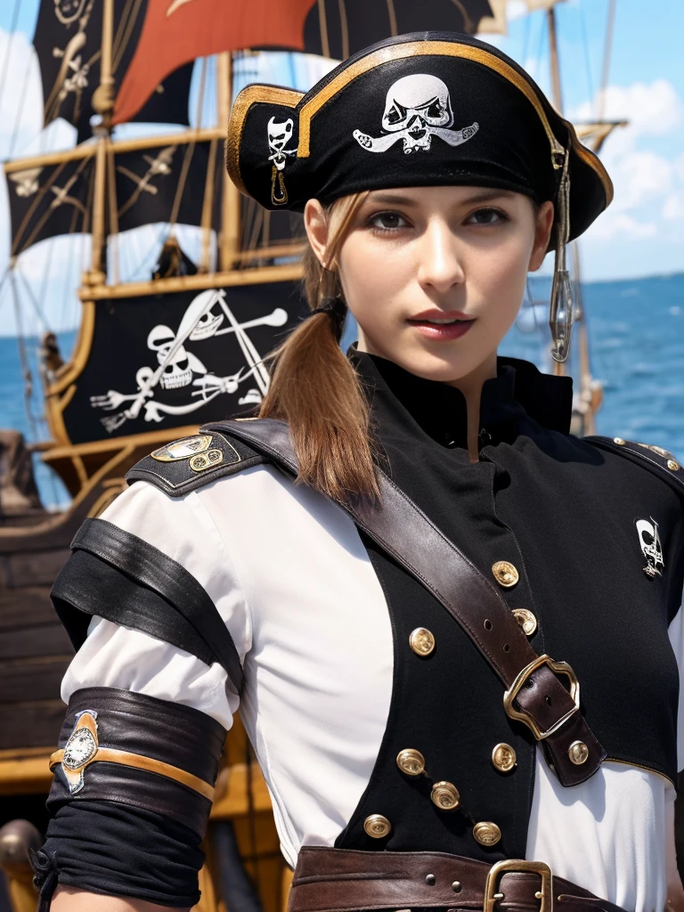 23-year-old fashion model [[[[Tight cracks]]]], [[[[]]]], [[[[call]]]], [[[[Shoulder]]]], Perfect eyes, Perfect iris，Perfect lips，Perfect Teeth，Perfect skin，Has fair skin.，HDR，Leather Girl，(((Beautiful pirate girl)))，(Delicate face)，(HD face)，Delicate face，(((Black Pirate Costume)))，(((Black pirate hat)))，(Increase sexiness)，(Long legs:1.3)，(Full body image），(at pirate ship)，Ship flag，4K Ultra HD, Ultra-high resolution, (Practical: 1.4), best quality，masterpiece，（Soft colors：1.2）